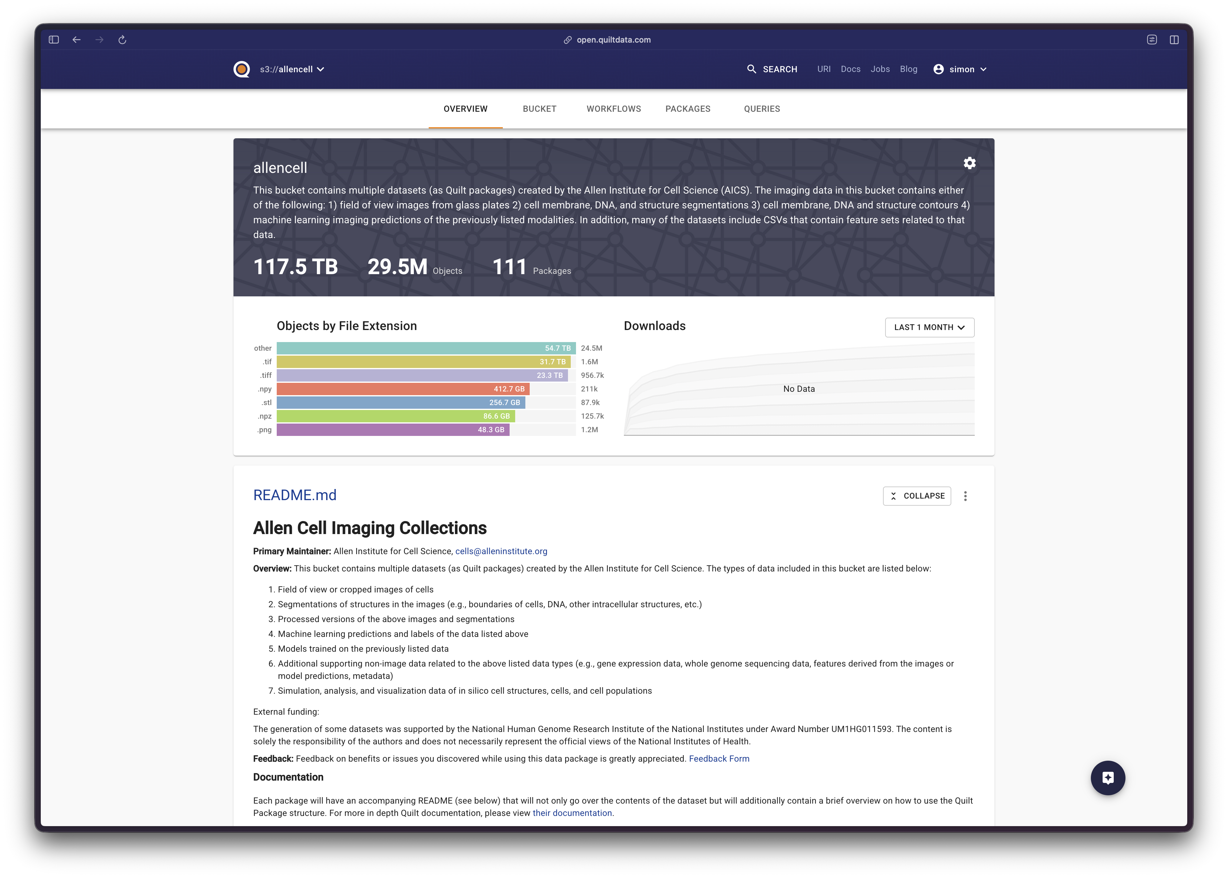 Quilt catalog bucket overview — 117.5 TB, 29.5M objects, 111 versioned packages